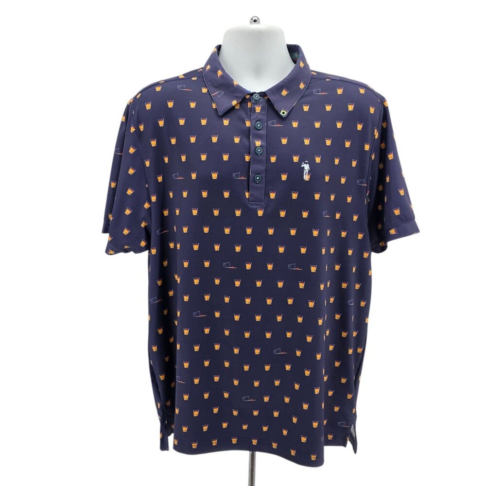 William Murray Mens Large Shirt Polo Manhattan Cocktail Print Navy Blue Golf